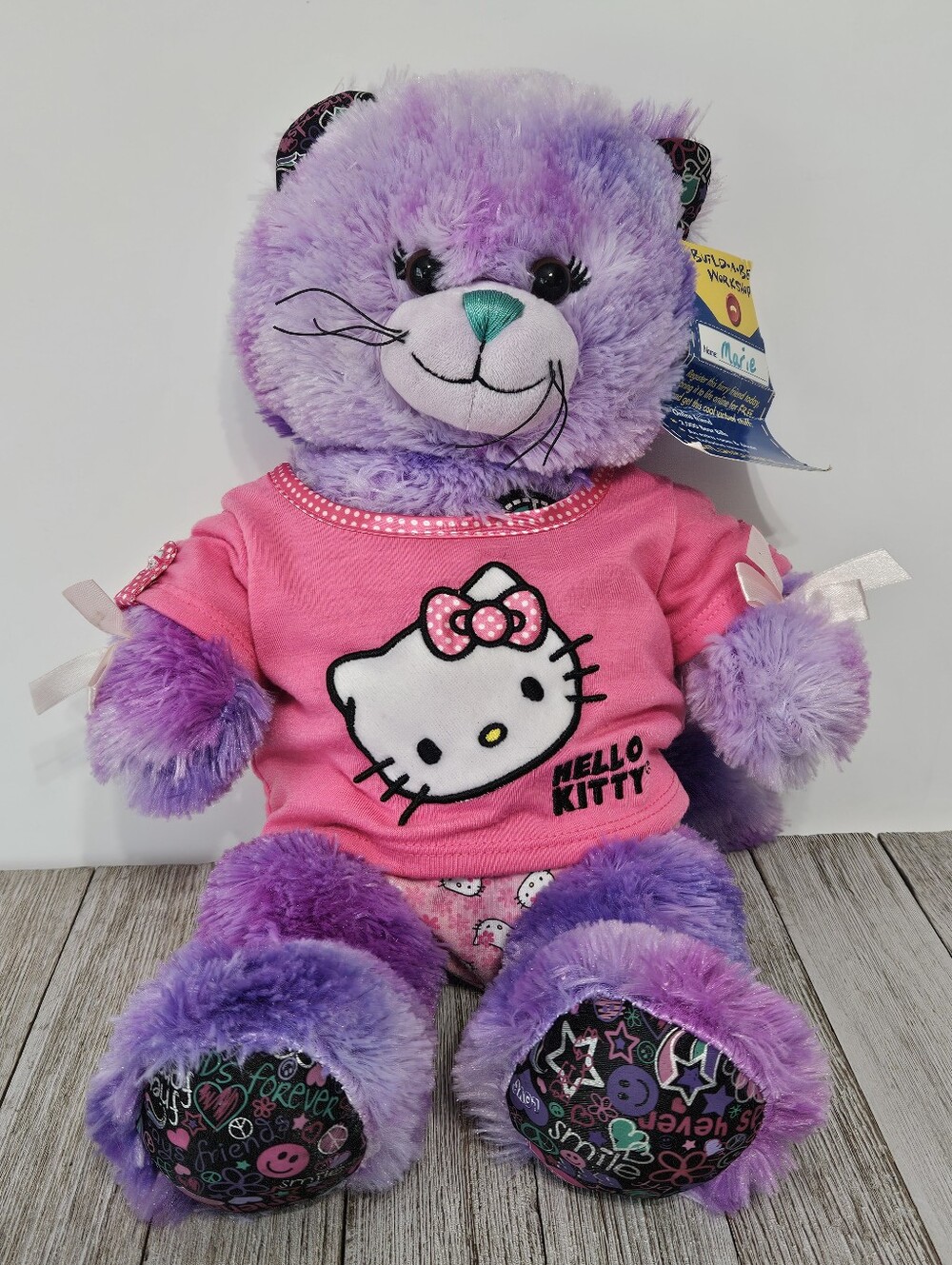 BFF Peace Kitty 15" Build-A-Bear Plushie Stuffed Animal Toy with Hello Kitty Pin